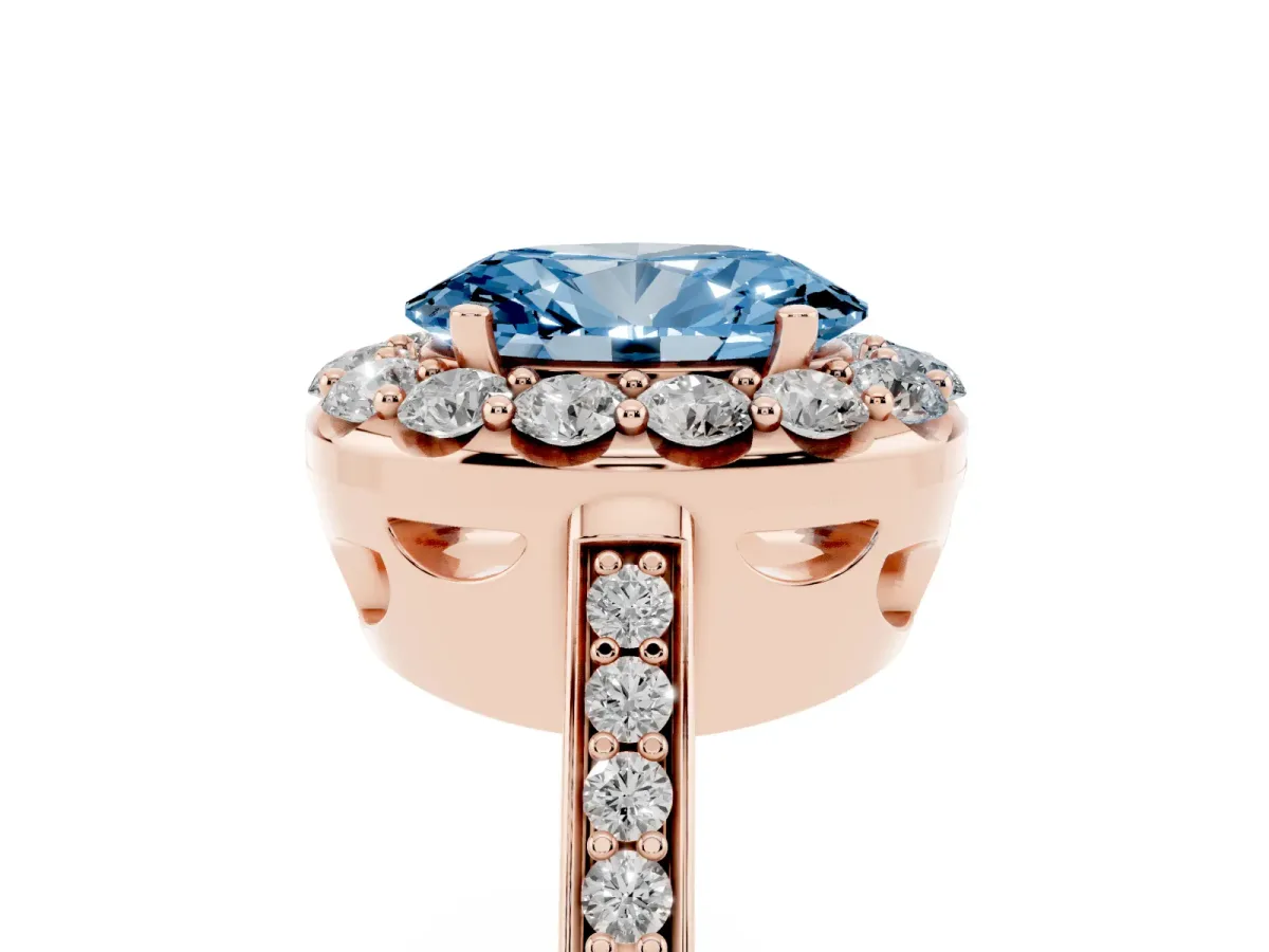Fancy Blue Oval Cut Diamond Floral Halo Ring with Pavé Band and Prong Setting Rose gold