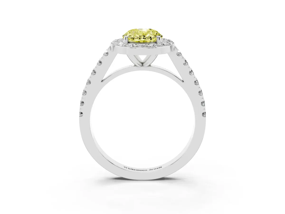 Fancy Yellow Oval Cut Diamond Halo Ring with Round Pavé Split Shank and Prong Setting Silver