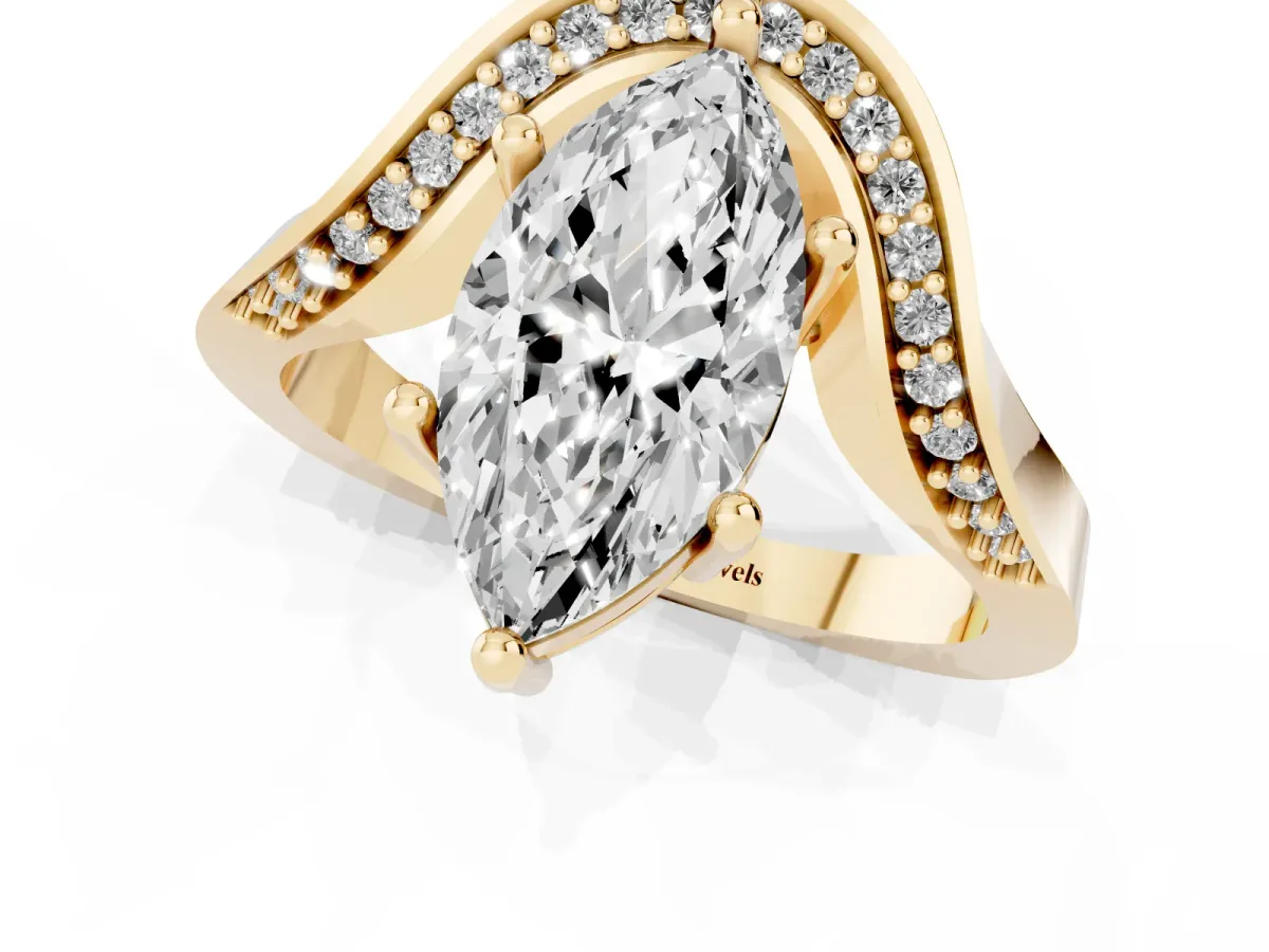 Marquise Cut Solitaire Diamond Engagement Ring with Pave Band and Four-Prong Setting Yellow gold