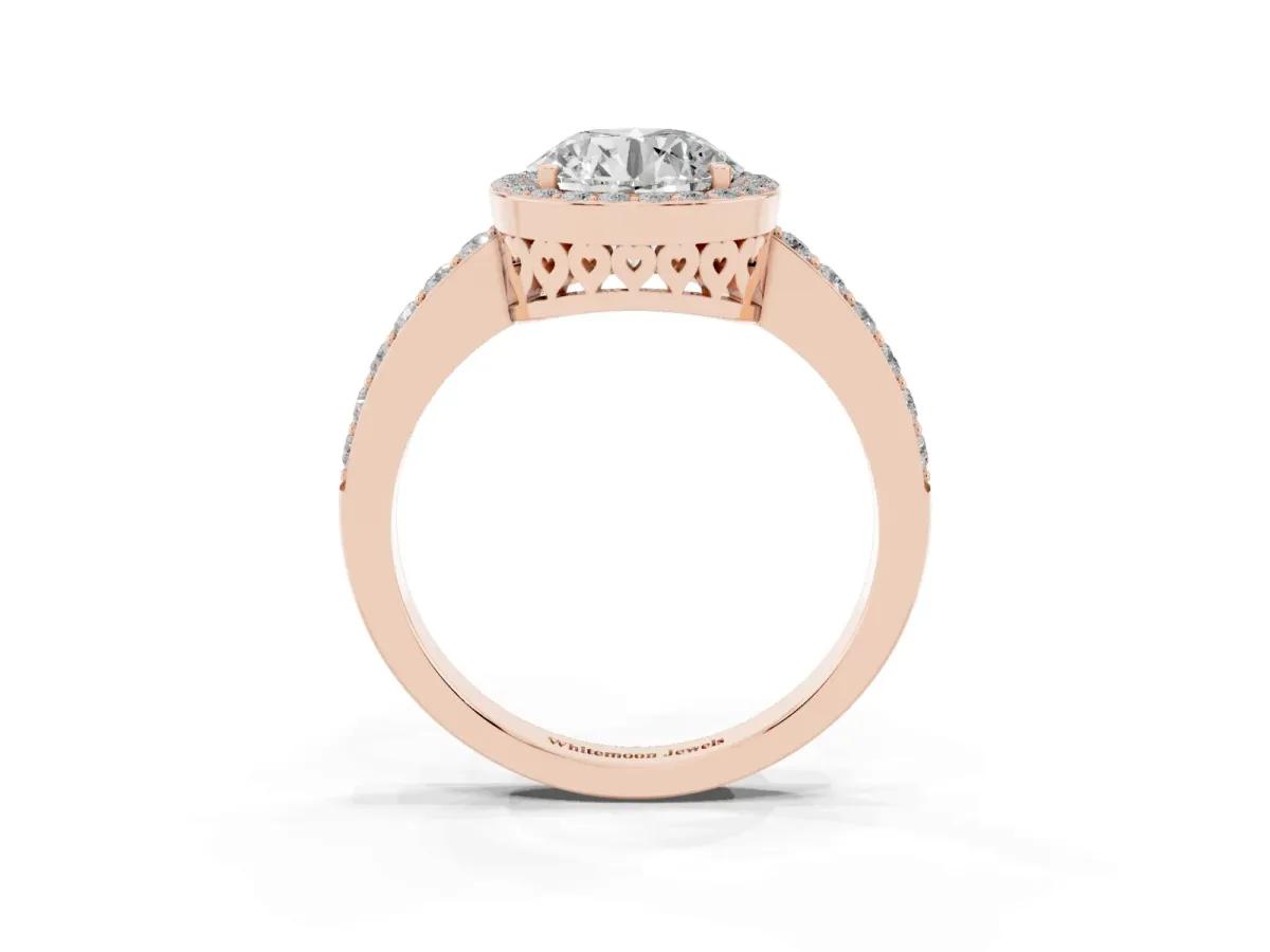 Round Cut Halo Diamond Pavé Band Ring with Prong Setting Rose gold