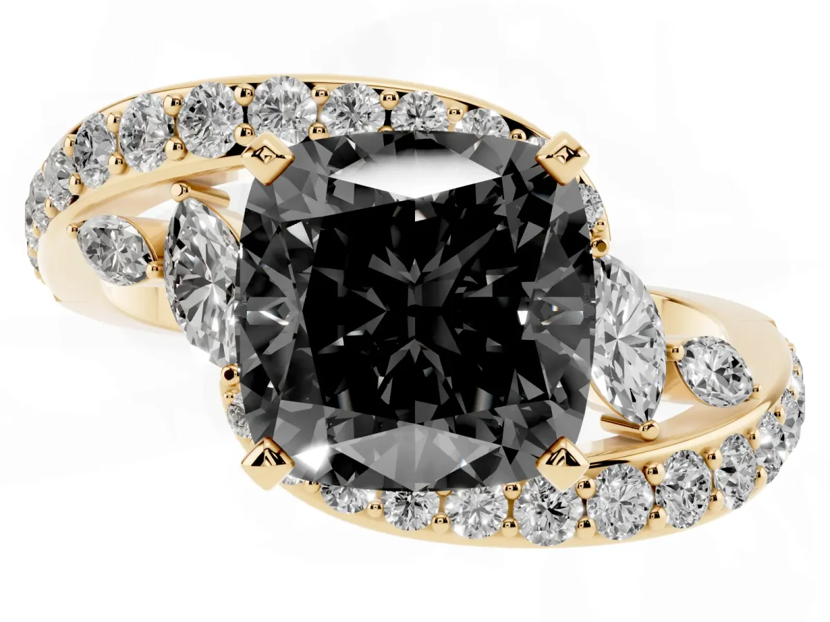 Fancy Black Cushion Cut Diamond Solitaire Ring with Filigree Band and Four-Prong Setting Yellow gold