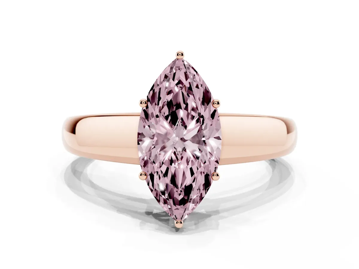 Fancy Pink Marquise Cut Solitaire Diamond Ring with Tapered Band and Four-Prong Setting Rose gold