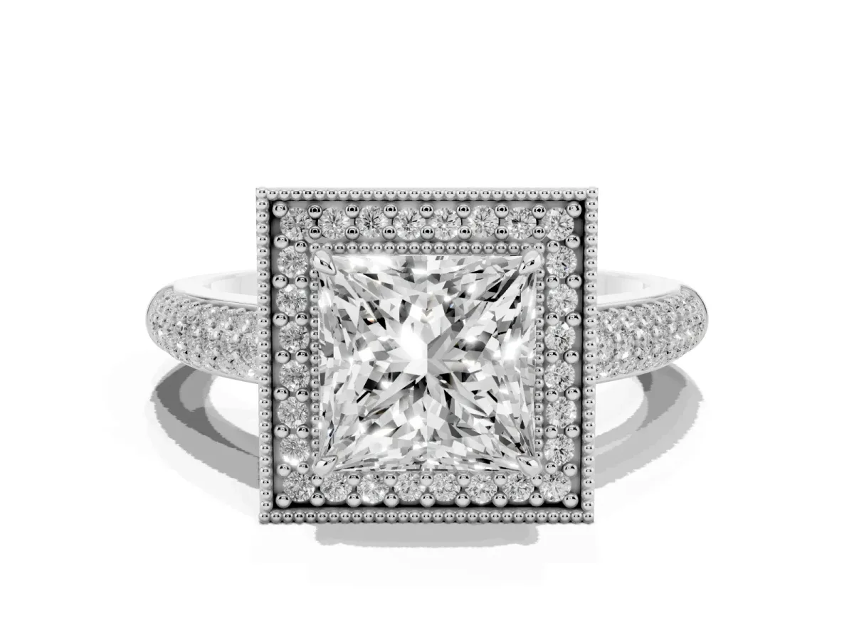 Princess Cut Cut Halo Diamond Pave Band with Four-Prong Setting Silver