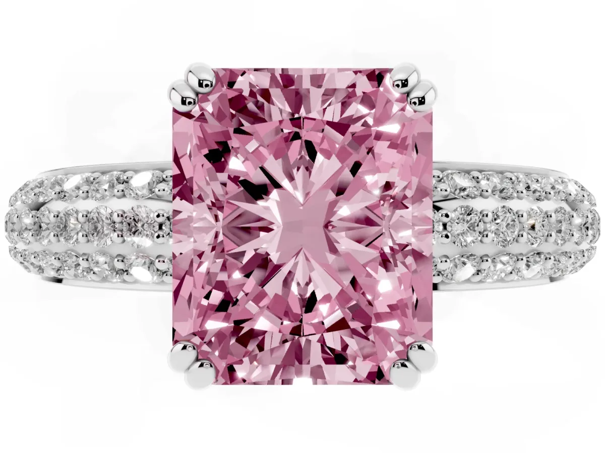 Fancy Pink Radiant Cut Diamond Solitaire Ring with Multi-Row Round Pavé Band and Prong Setting Silver
