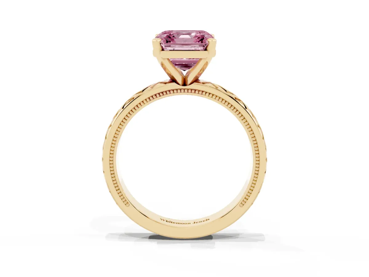 Fancy Pink Asscher Cut Solitaire Diamond Ring with Milgrain and Black Enamel X Pattern Band Yellow gold