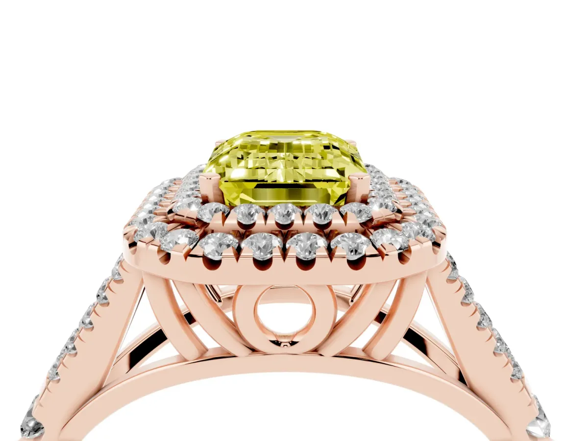 Fancy Yellow Emerald Cut Diamond Pavé Split Shank Double Halo Engagement Ring Rose gold