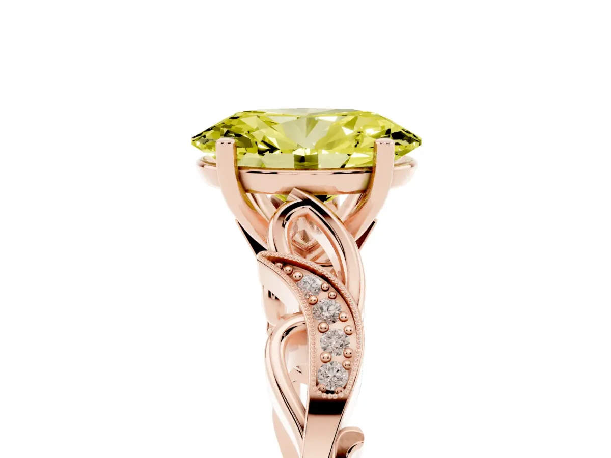 Fancy Yellow Oval Cut Solitaire Vine Band with Milgrain Prong Setting Rose gold