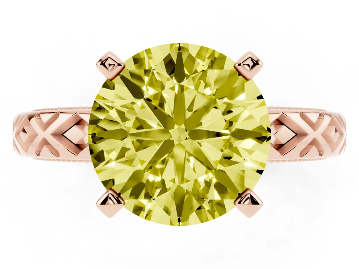 Fancy Yellow Round Cut Solitaire Diamond Ring with Milgrain and Black Enamel X Pattern Band Rose gold