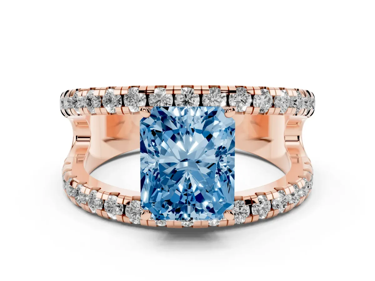 Fancy Blue Radiant Cut Solitaire Split Shank Pave Diamond Ring Rose gold