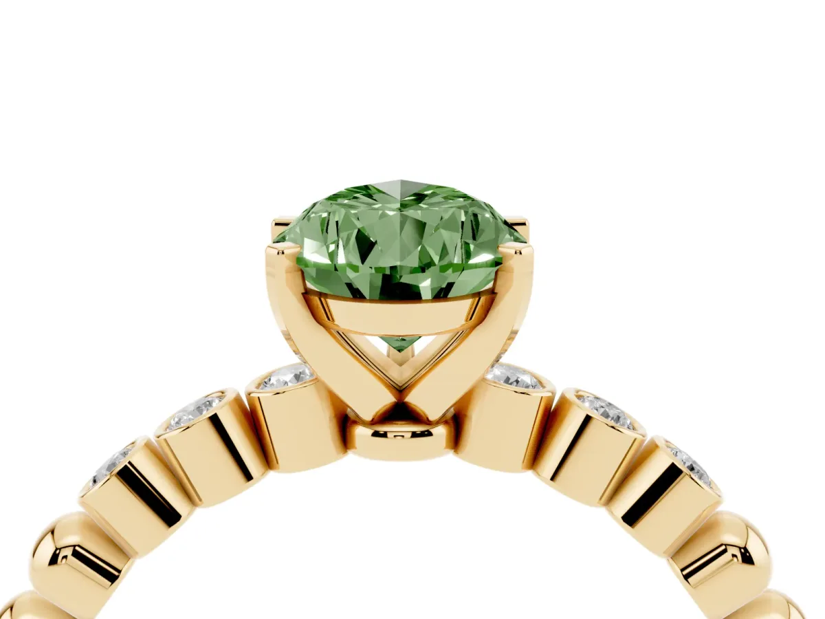 Fancy Green Pear Cut Solitaire Bezel Accent Diamond Engagement Ring with Beaded Band and Four-Prong Setting Yellow gold