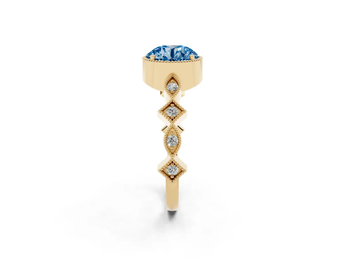 Fancy Blue Round Cut Milgrain Marquise Diamond Twist Band Ring Yellow gold