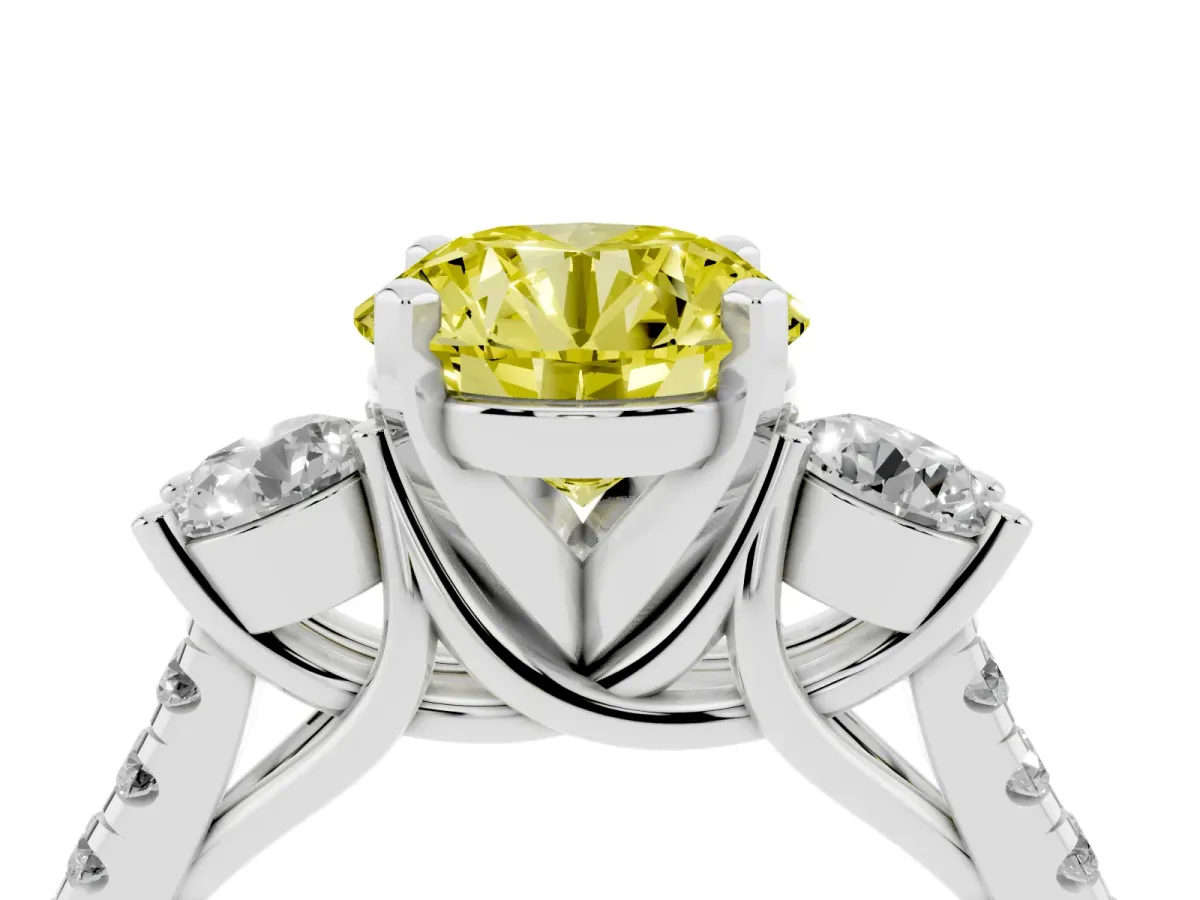 Fancy Yellow Three-Stone Round Cut Diamond Pavé Band with Four-Prong Setting Silver