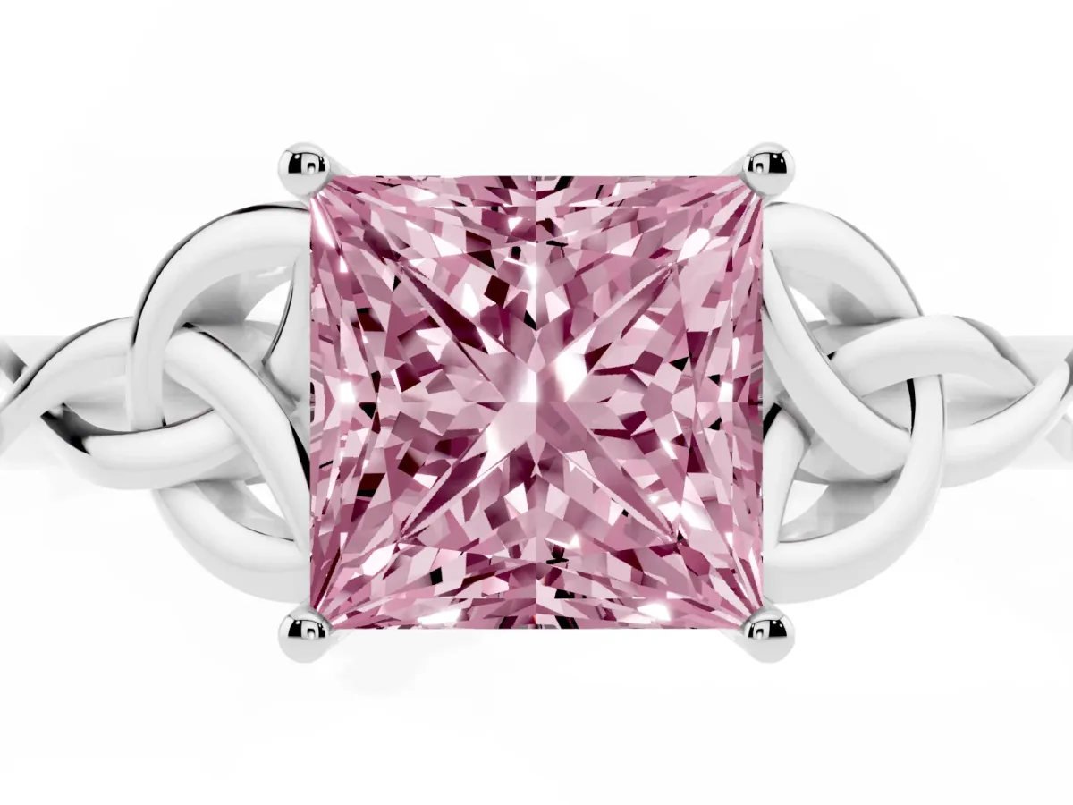 Fancy Pink Princess Cut Diamond Solitaire Engagement Ring with Celtic Knot Band and Four-Prong Setting White gold