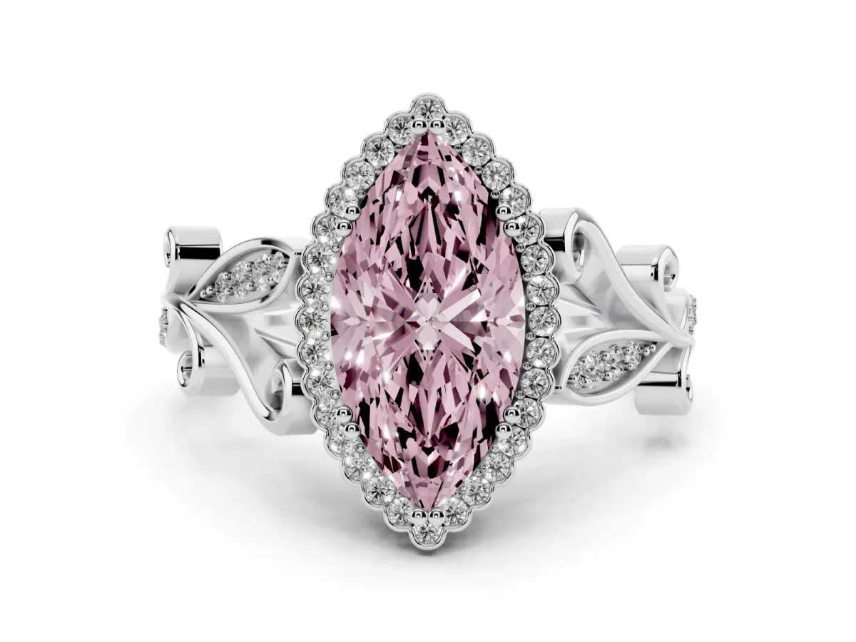 Fancy Pink Marquise Cut Diamond Halo Ring with Vintage Split Shank and Four-Prong Setting Platinum