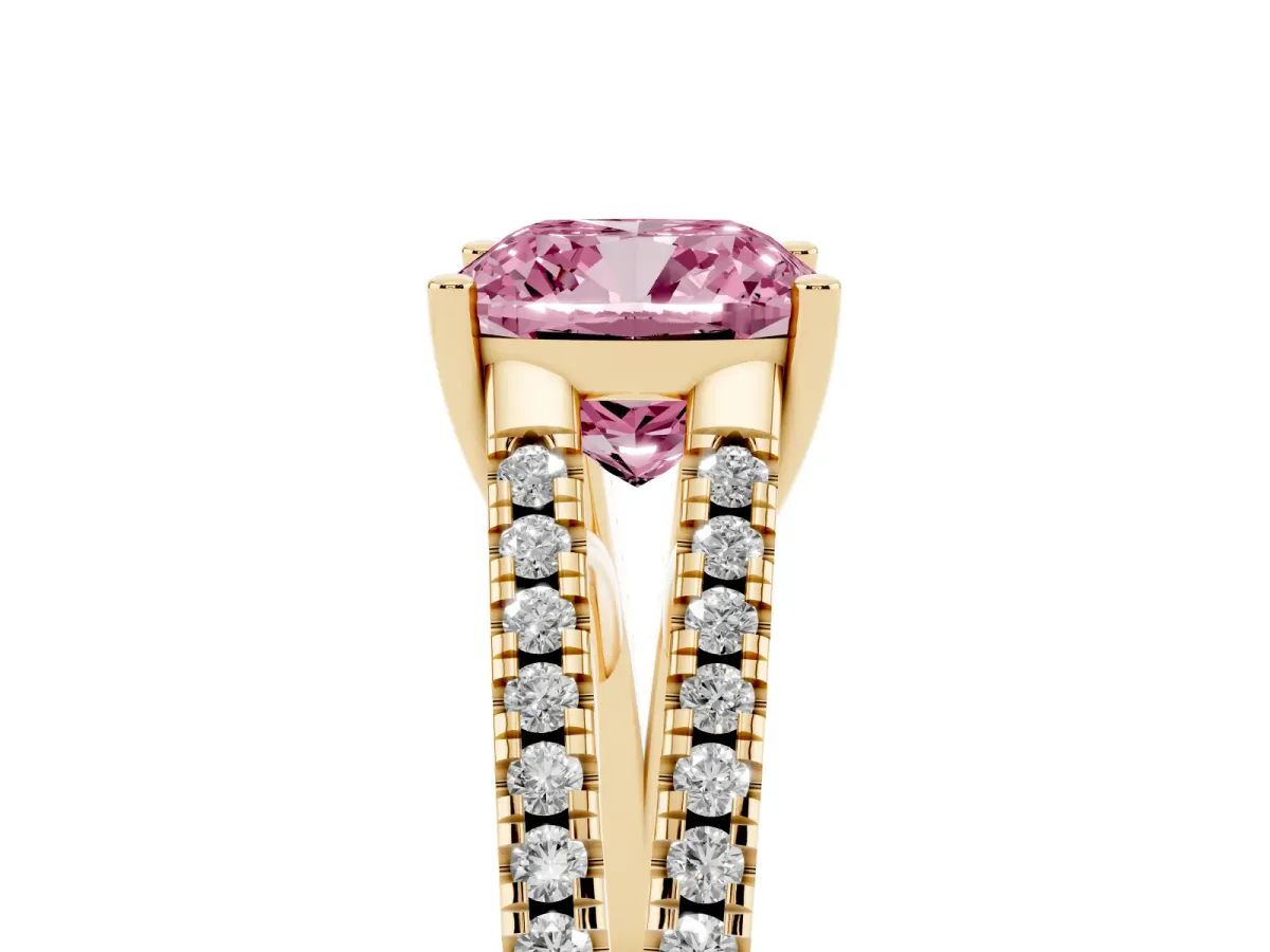 Fancy Pink Cushion Cut Diamond Solitaire Engagement Ring with Split Shank Pavé Band Yellow gold