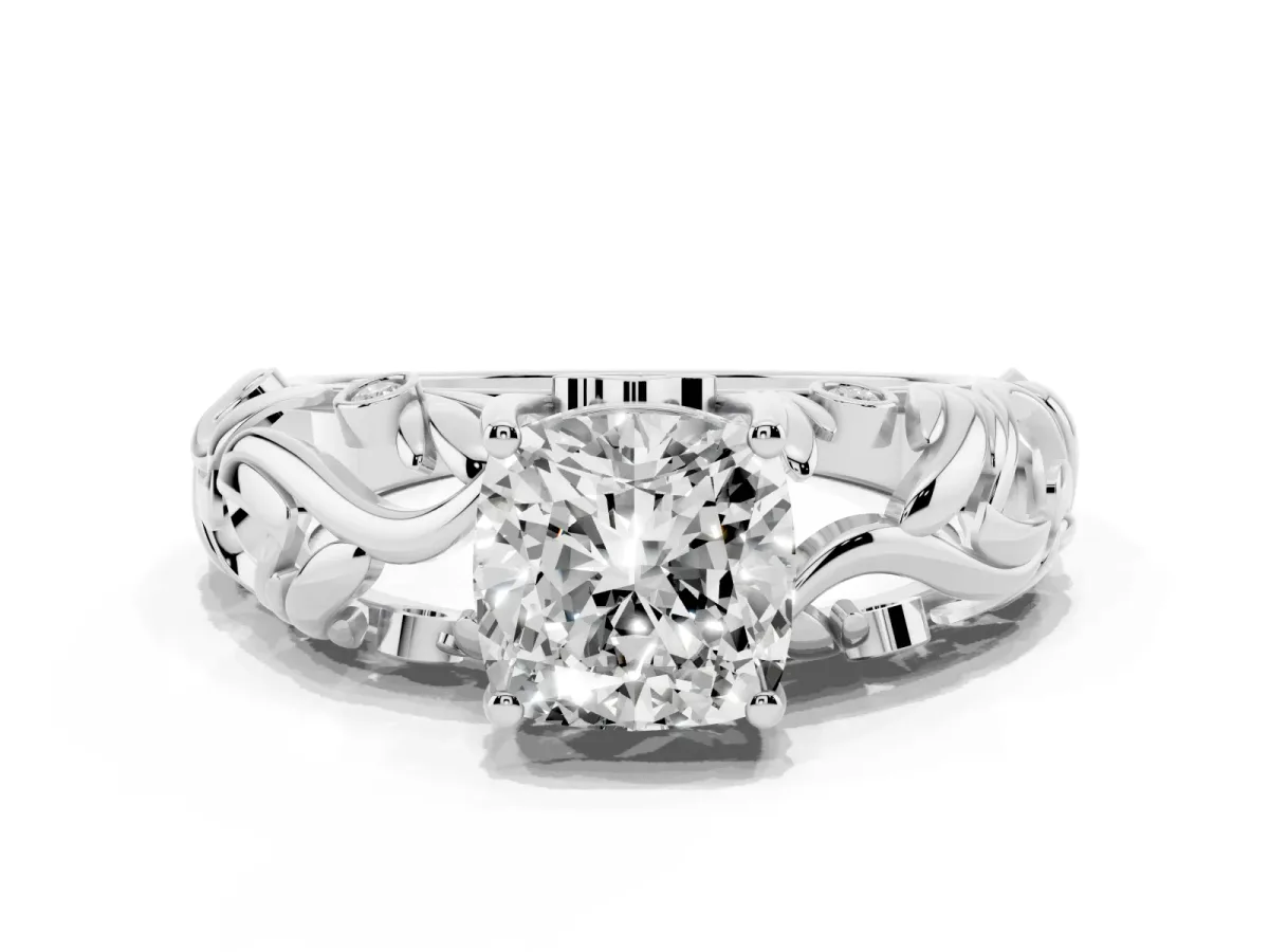 Cushion Cut Solitaire Diamond Leaf-Inspired Vine Band Ring with Prong Setting Platinum