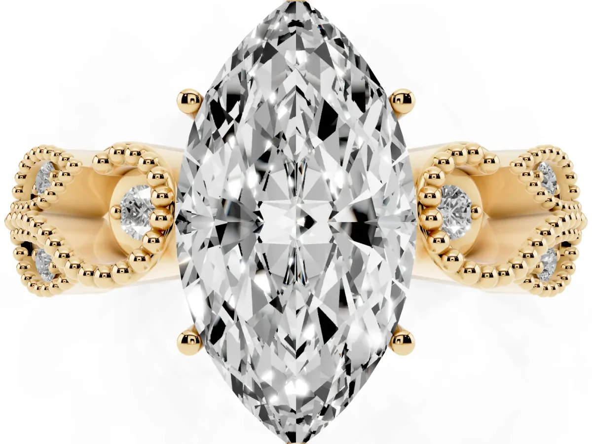 Marquise Cut Solitaire Milgrain Leaf Band with Prong Setting Yellow gold