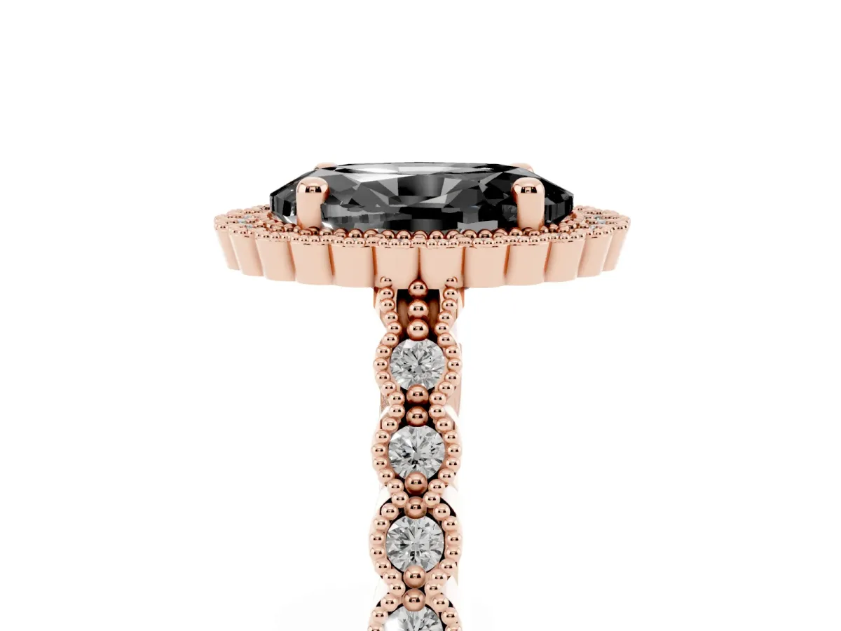 Fancy Black Oval Cut Cut Halo Pavé Solitaire Ring with Milgrain Band Rose gold