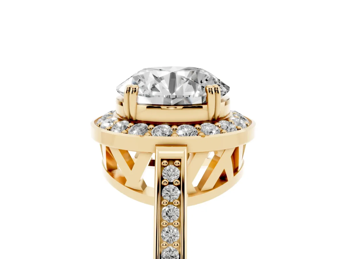 Round Cut Diamond Halo Ring with Split Shank and Four-Prong Setting Yellow gold