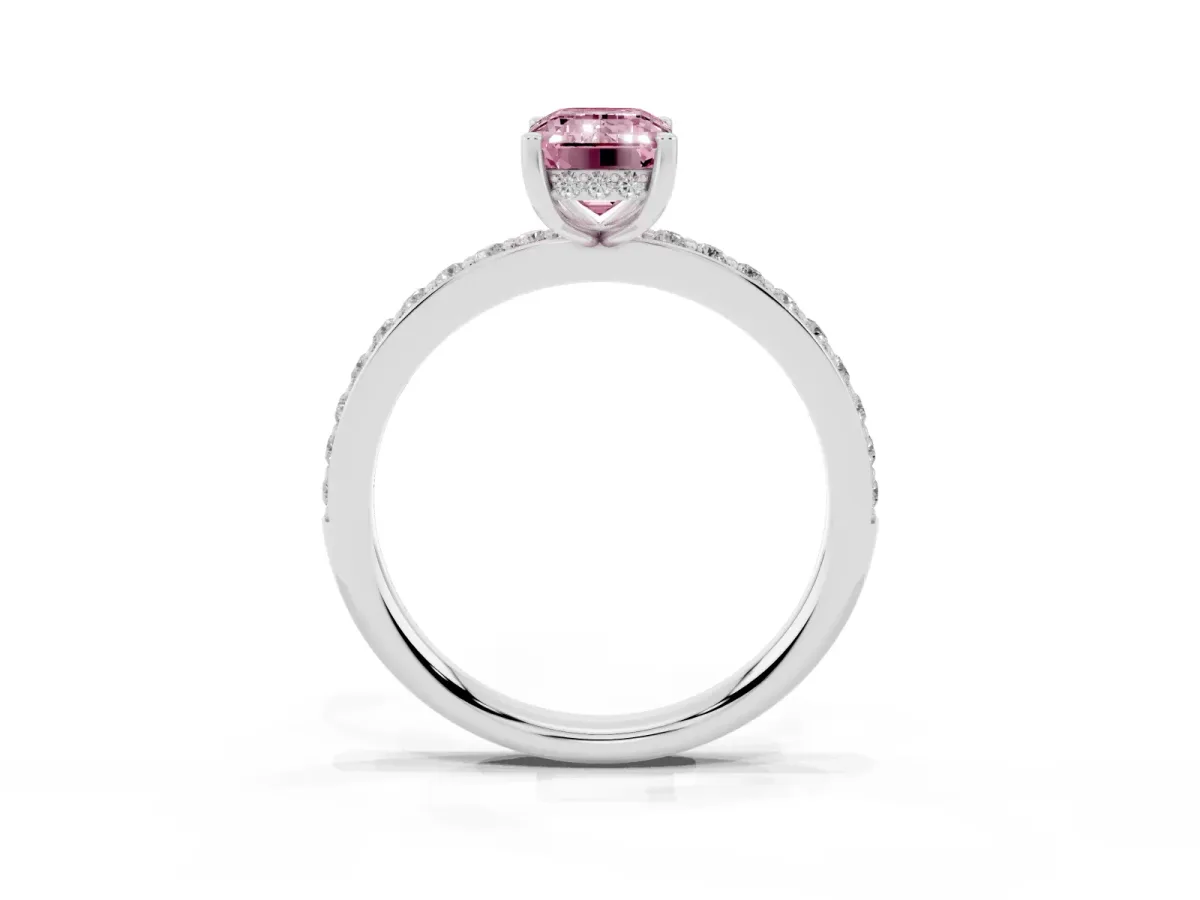 Fancy Pink Emerald Cut Cut Diamond Pavé Band Ring with Four-Prong Setting Silver