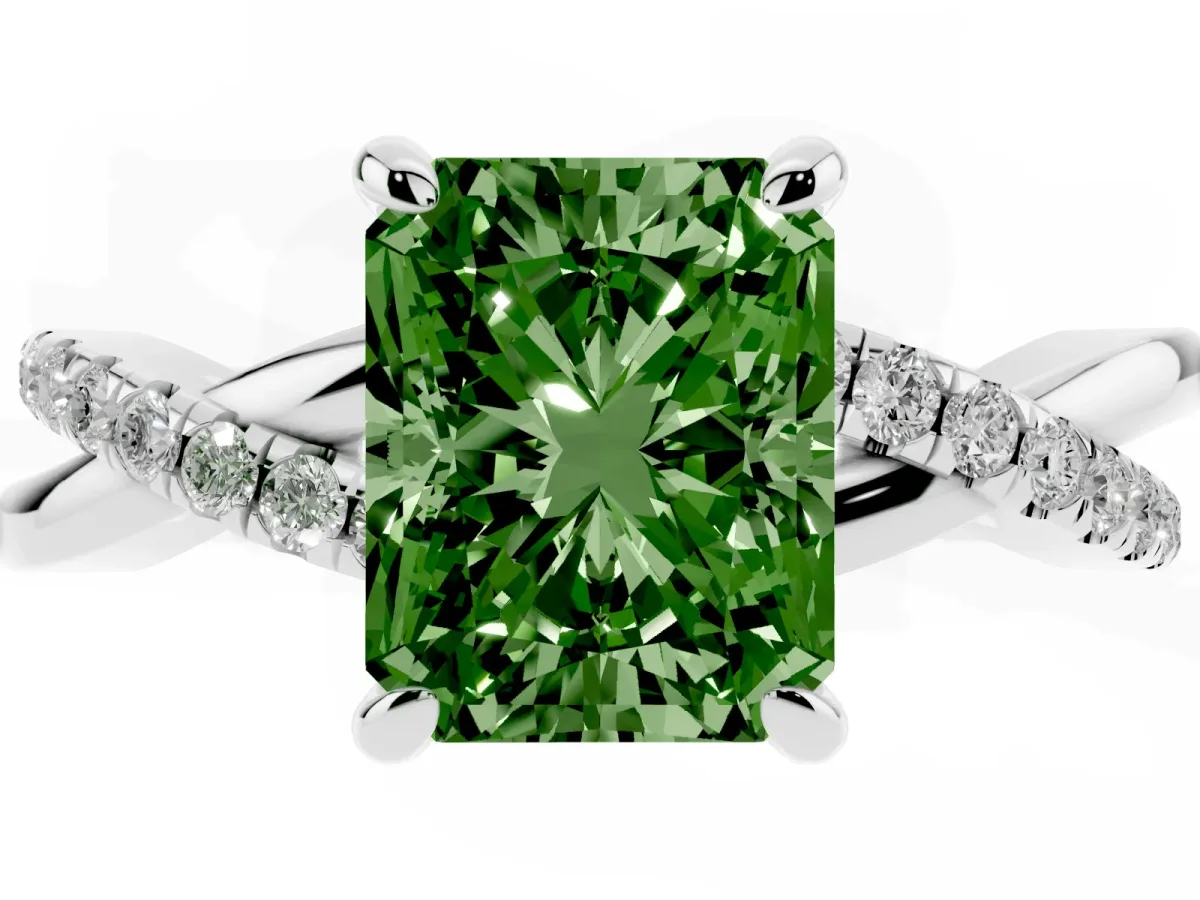 Fancy Green Radiant Cut Cut Diamond Twist Band Solitaire with Prong Setting Silver