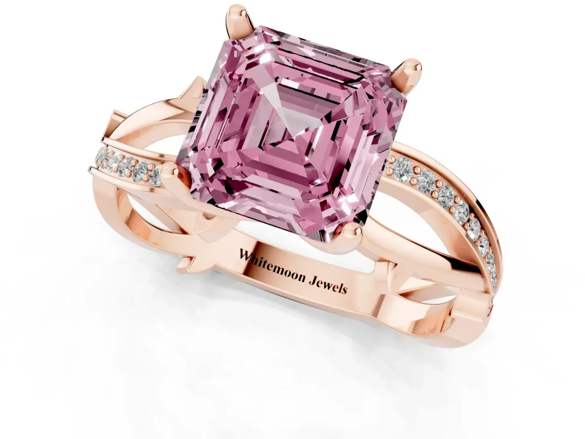 Fancy Pink Asscher Cut Solitaire Twist Band with Pavé Accents and Four-Prong Setting Rose gold