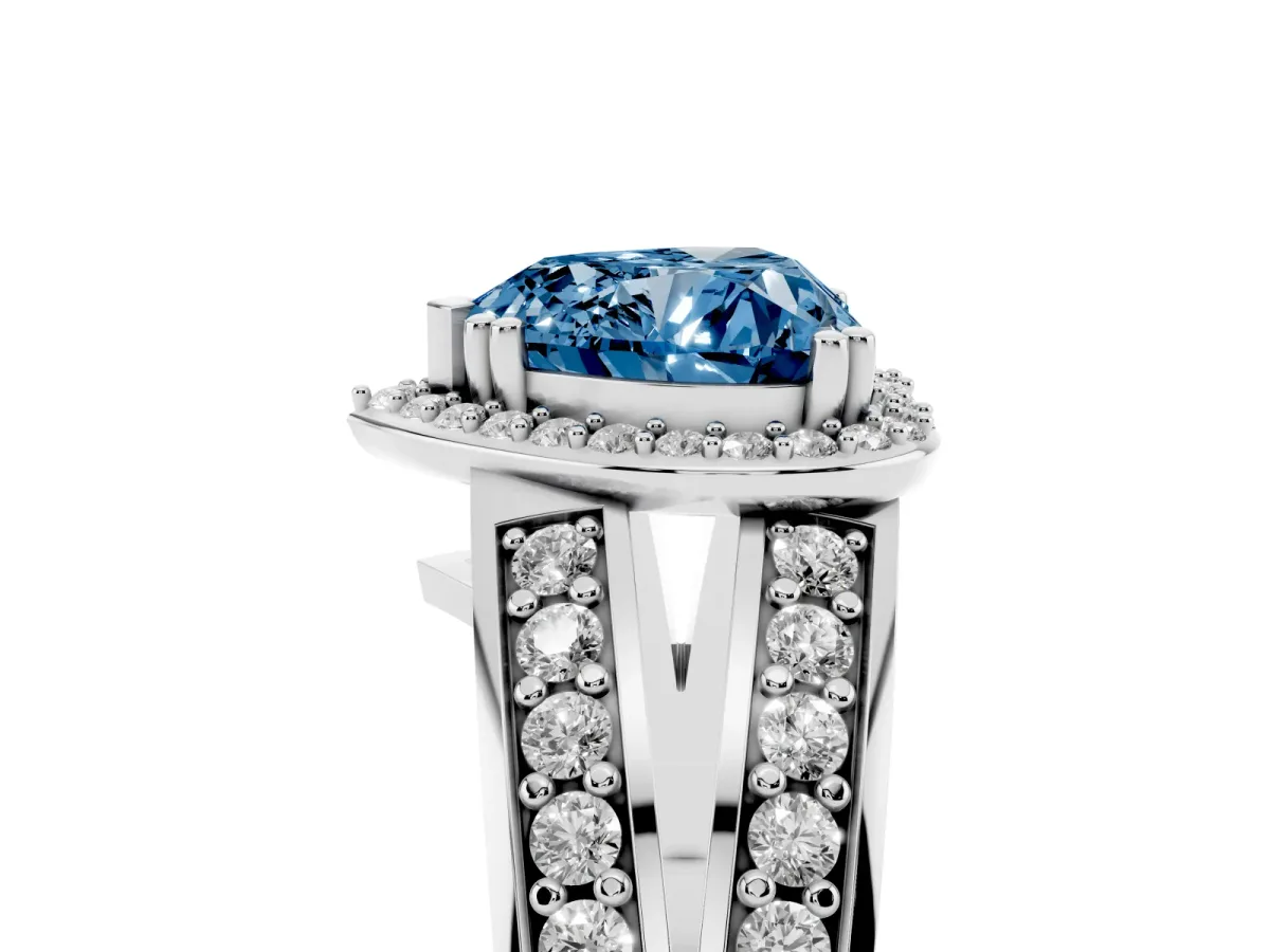 Fancy Blue Heart Cut Diamond Halo Ring with Split Shank Pavé Band and Four-Prong Setting Platinum