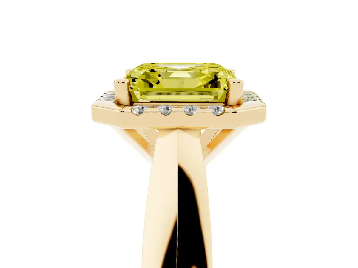 Fancy Yellow Asscher Cut Cut Halo Solitaire Engagement Ring with Square Band and Four-Prong Setting Yellow gold