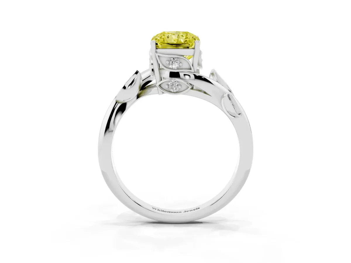 Fancy Yellow Radiant Cut Solitaire Twist Engagement Ring with Leaf Accents and Prong Setting Silver