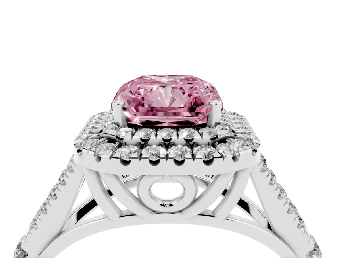 Fancy Pink Radiant Cut Cut Double Halo Split Shank Diamond Ring with Prong Setting White gold