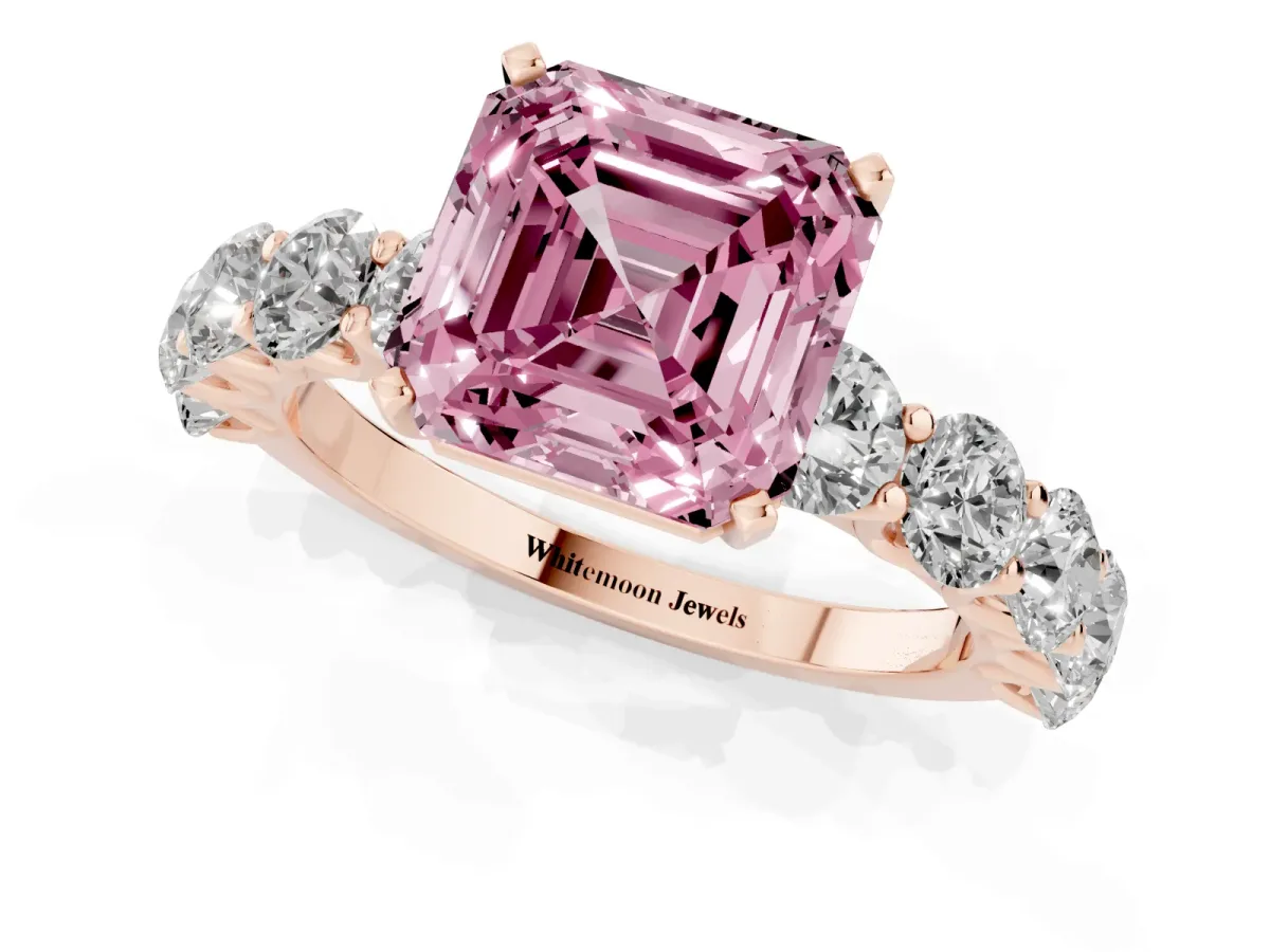 Fancy Pink Asscher Cut Diamond Prong Setting with Side Stones on a Pave Band Rose gold