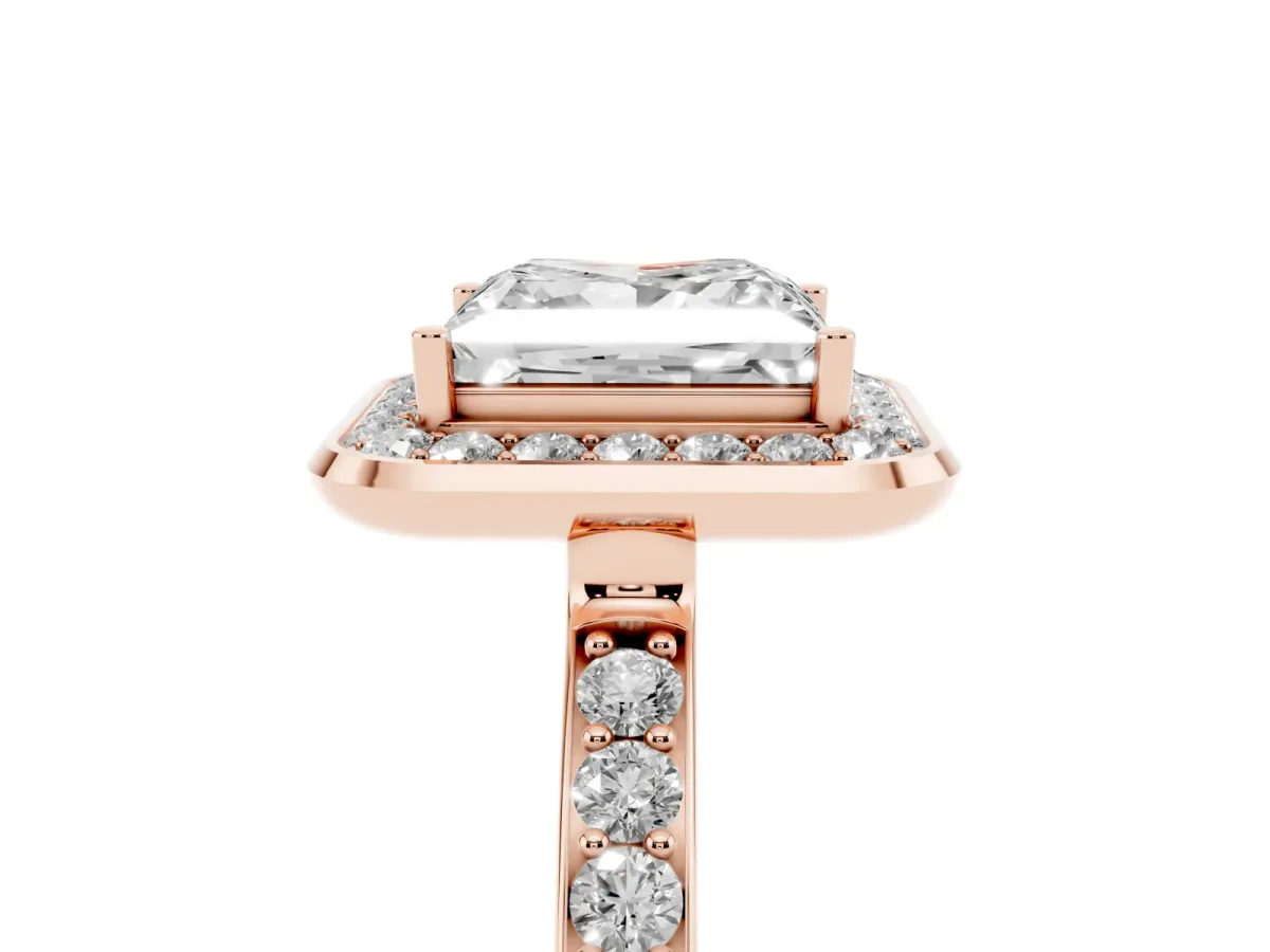 Princess Cut Diamond Halo Ring with Bezel Frame and Pavé Band Rose gold