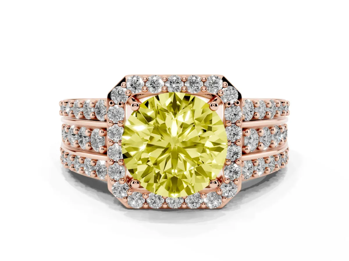 Fancy Yellow Round Cut Halo Diamond Ring with Round Split Shank and Prong Setting Rose gold