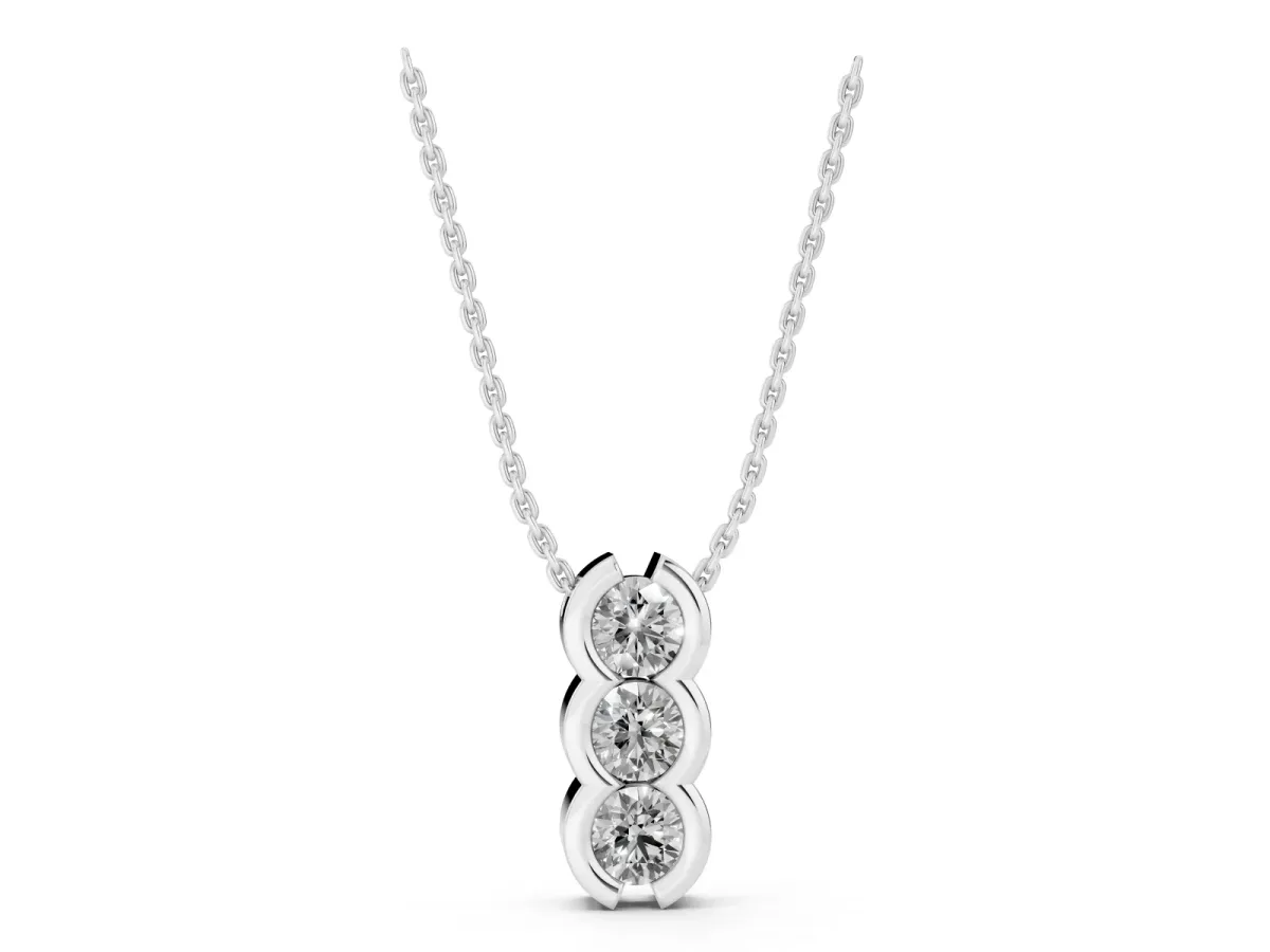 Three Stone Round Diamond Shared Prong Pendant Silver