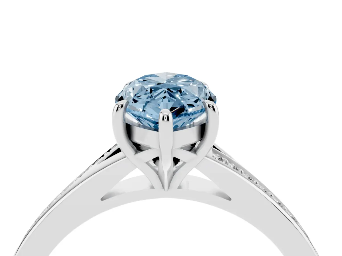 Fancy Blue Marquise Cut Diamond Solitaire Ring with Pavé Band and Prong Setting Silver