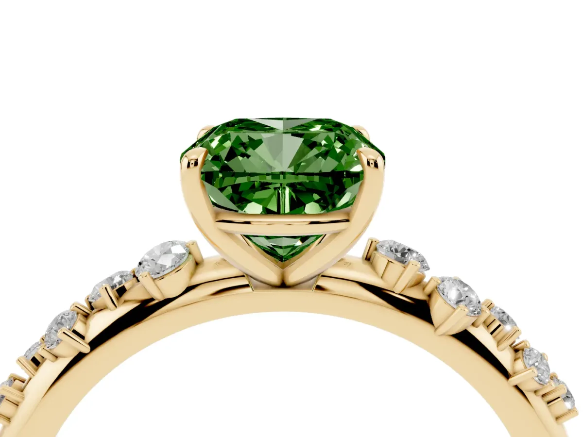 Fancy Green Cushion Cut Diamond Cluster Prong-Set Solitaire Ring Yellow gold