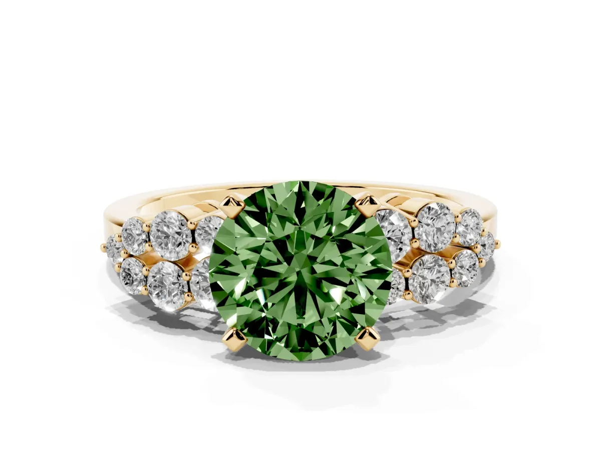 Fancy Green Round Cut Cluster Diamond Engagement Ring with Pavé Band and Four-Prong Setting Yellow gold