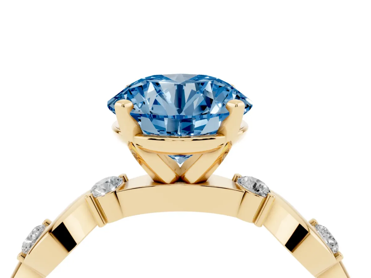 Fancy Blue Round Cut Diamond Solitaire Twisted Band with Round Accents and Prong Setting Yellow gold