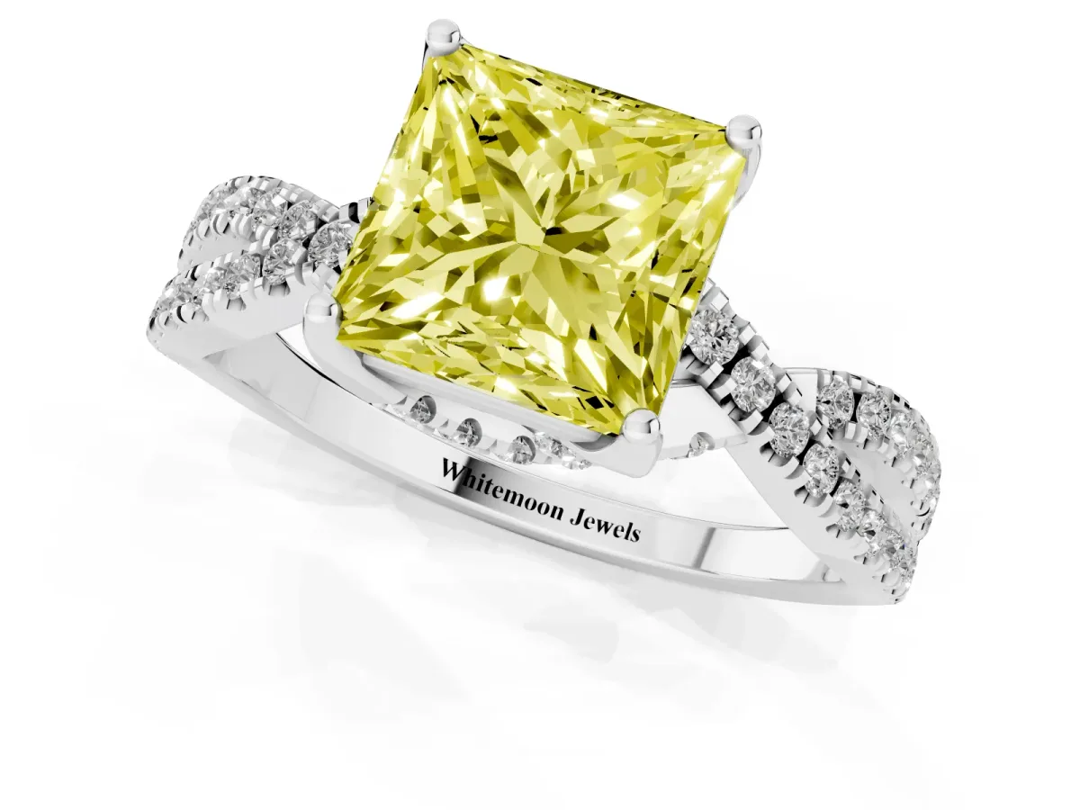 Fancy Yellow Princess Cut Solitaire Twist Pave Diamond Engagement Ring with Prong Setting Silver