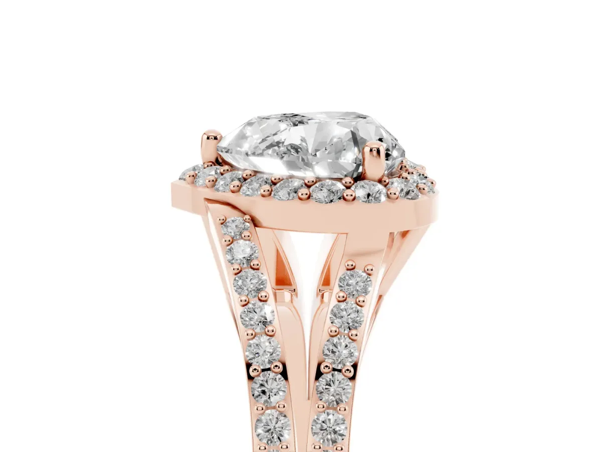 Heart Cut Halo Split Shank Diamond Ring with Prong Setting Rose gold