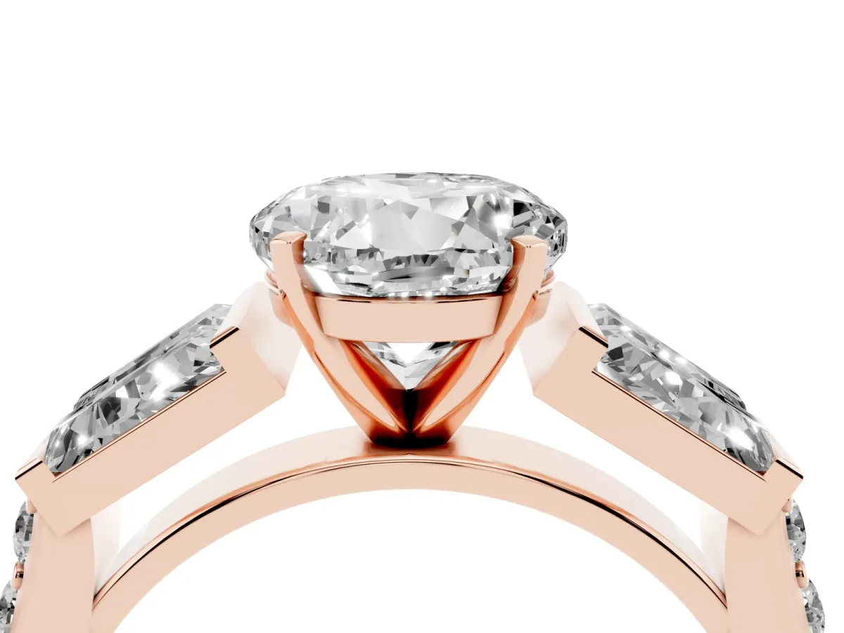 Round Cut Diamond Engagement Ring with Baguette Side Stones and Channel Set Band Rose gold