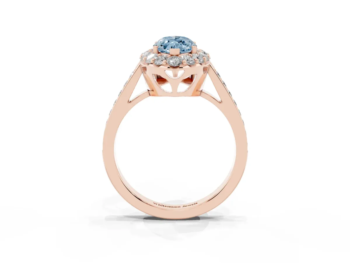Fancy Blue Marquise Cut Diamond Floral Halo Ring with Pavé Band and Prong Setting Rose gold