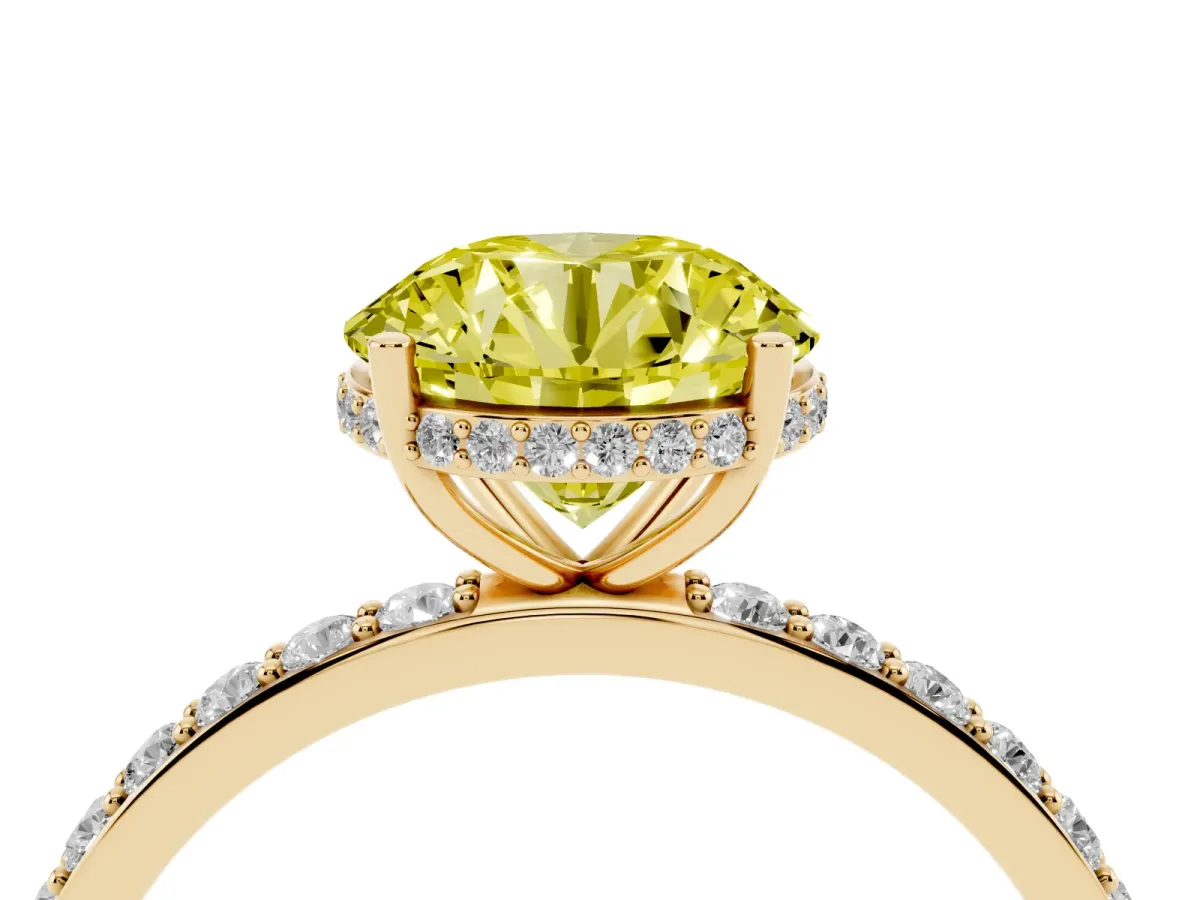 Fancy Yellow Round Cut Diamond Solitaire Ring with Pavé Band and Hidden Halo Yellow gold
