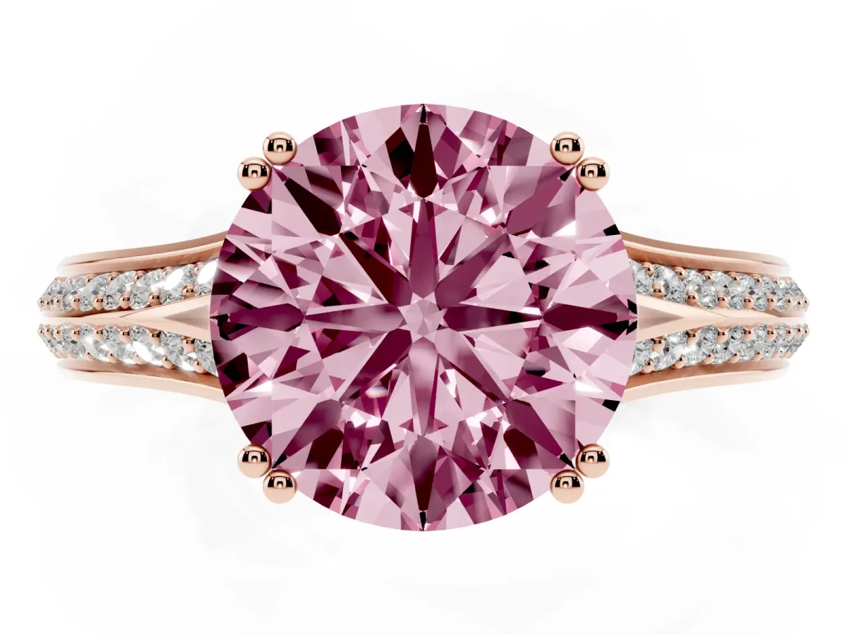 Fancy Pink Round Cut Diamond Split Shank Engagement Ring with Pavé Band Rose gold