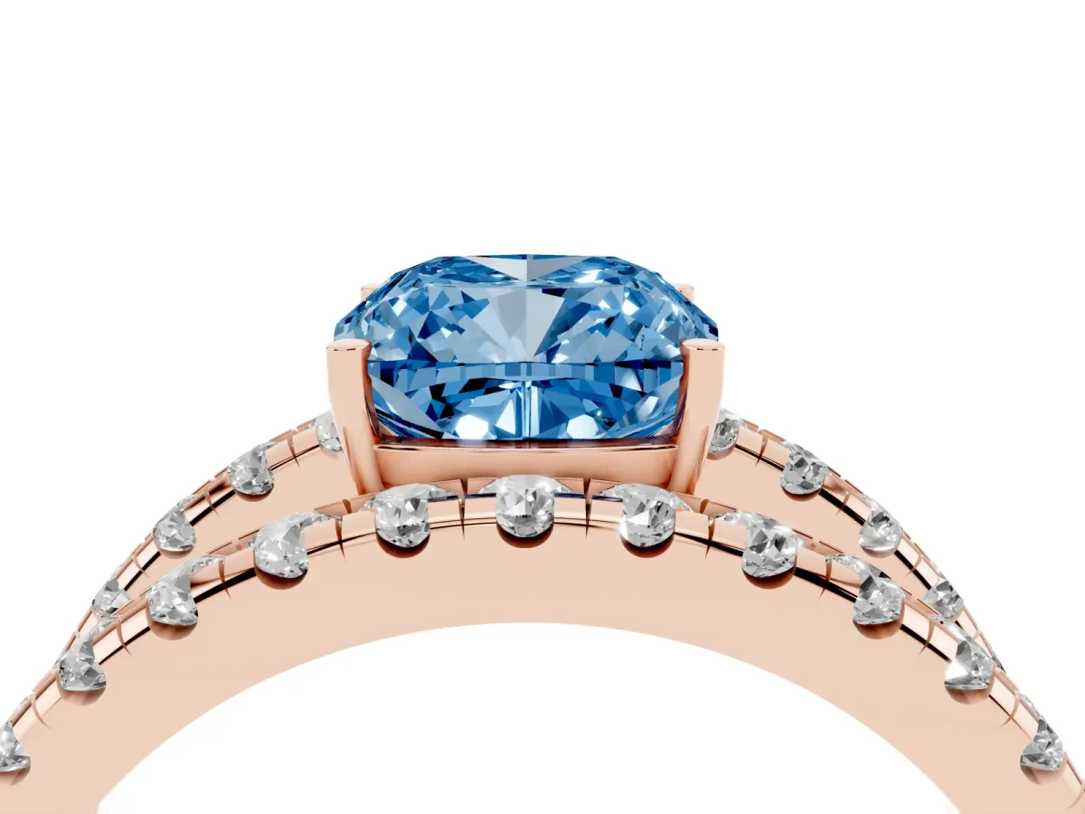 Fancy Blue Cushion Cut Solitaire Split Shank Pave Diamond Ring Rose gold