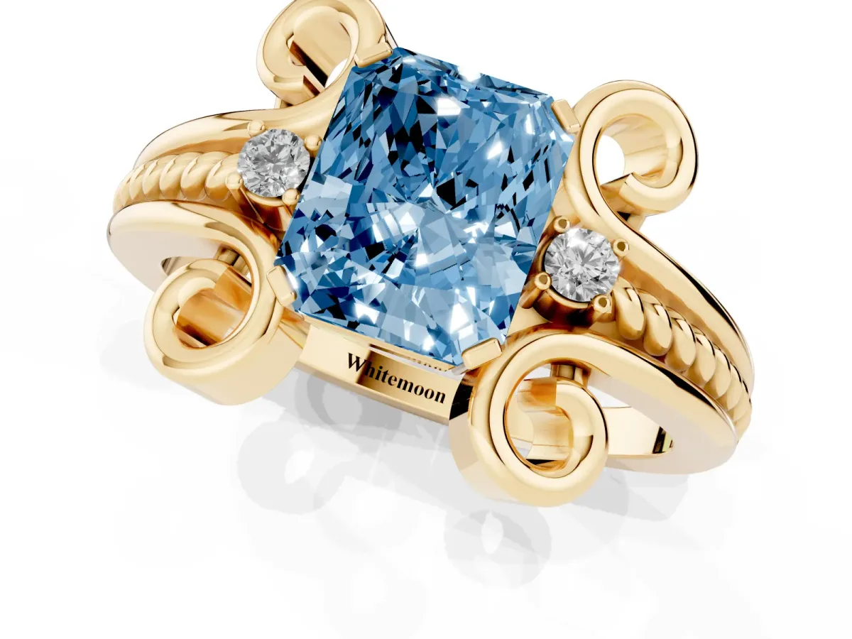 Fancy Blue Radiant Cut Solitaire Twisted Band Scroll Prong Ring Yellow gold