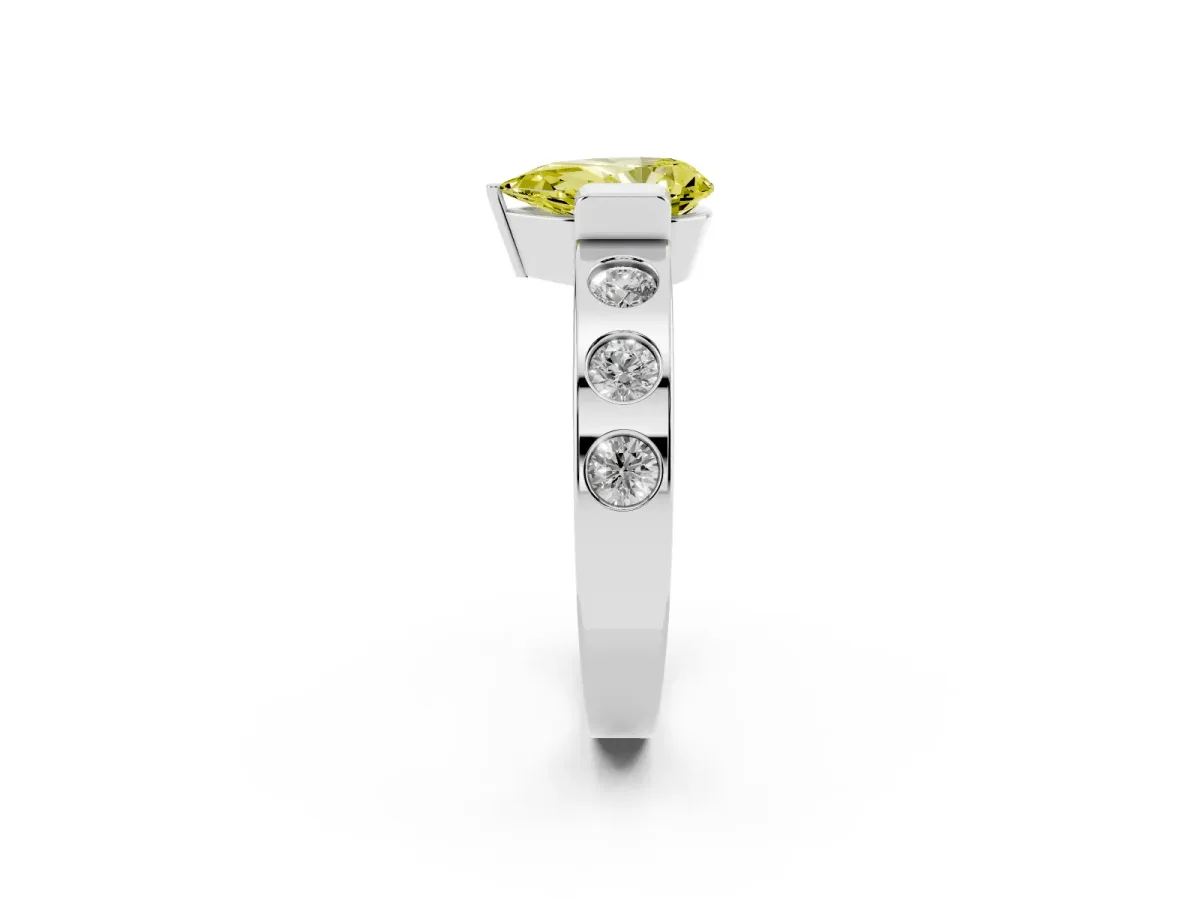 Fancy Yellow Pear Cut Brilliant Channel-Set Diamond Ring with Bezel Prong Setting Silver