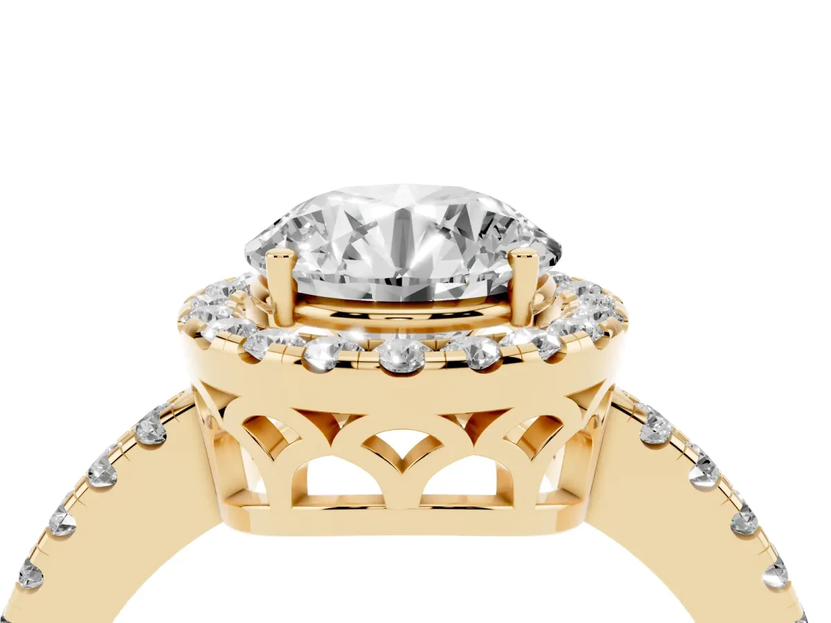Round Cut Halo Diamond Engagement Ring with Pavé Band and Four-Prong Setting Yellow gold