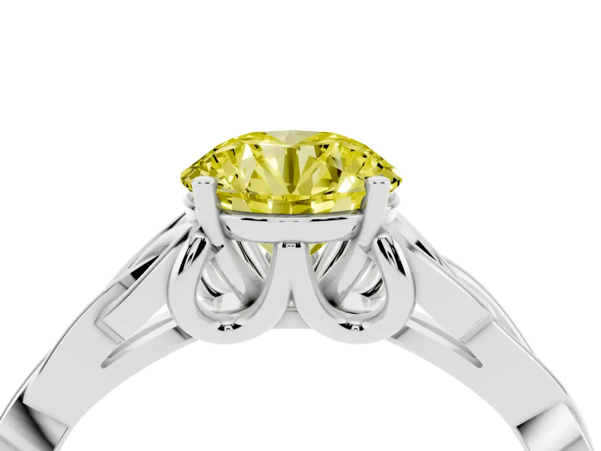 Fancy Yellow Round Cut Diamond Solitaire Engagement Ring with Celtic Knot Band and Four-Prong Setting White gold