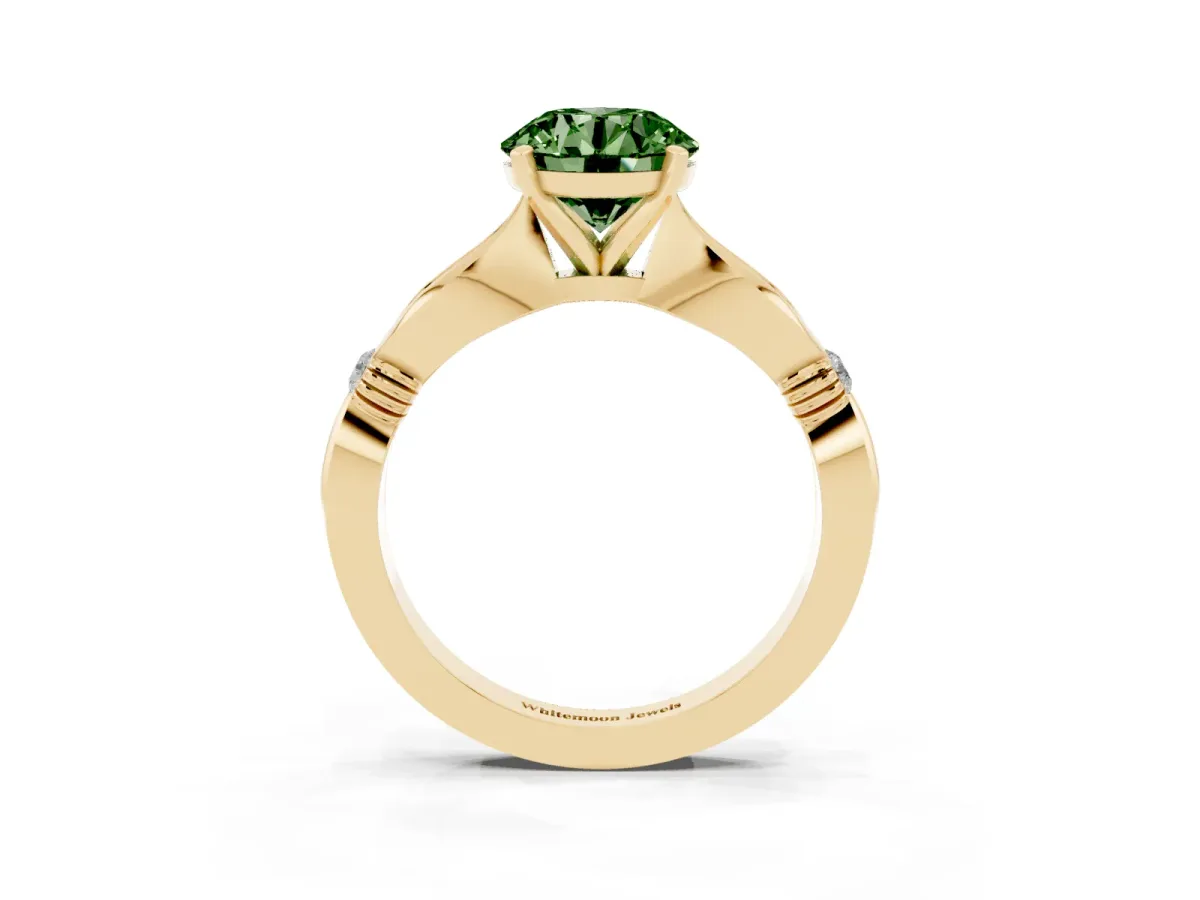 Fancy Green Round Cut Solitaire Diamond Twisted Band with Four-Prong Setting Yellow gold